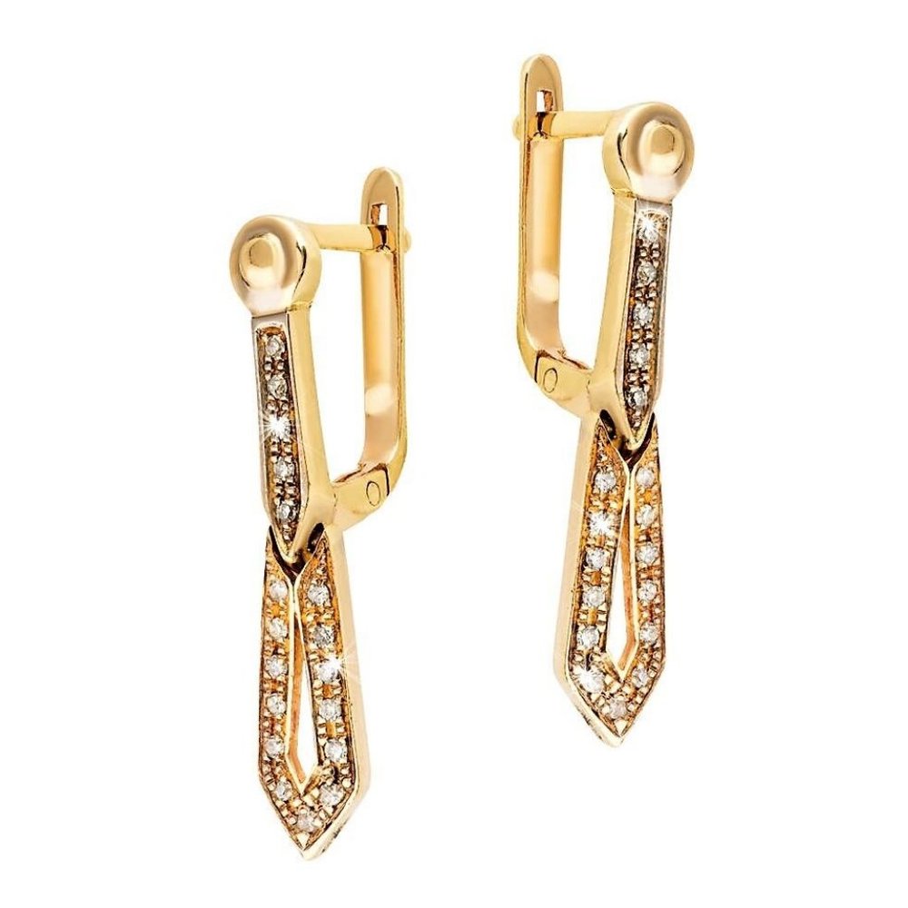 Vintage Soviet USSR Solid 14K 585 Yellow Gold Diamond Cluster Dangle Earrings